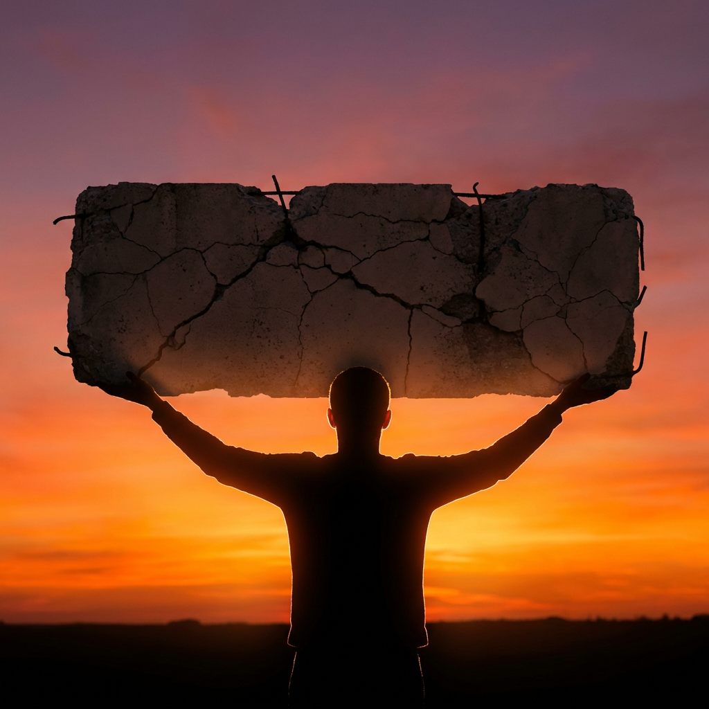 Silhouette of a person lifting a large, cracked concrete slab against a vibrant sunset sky.