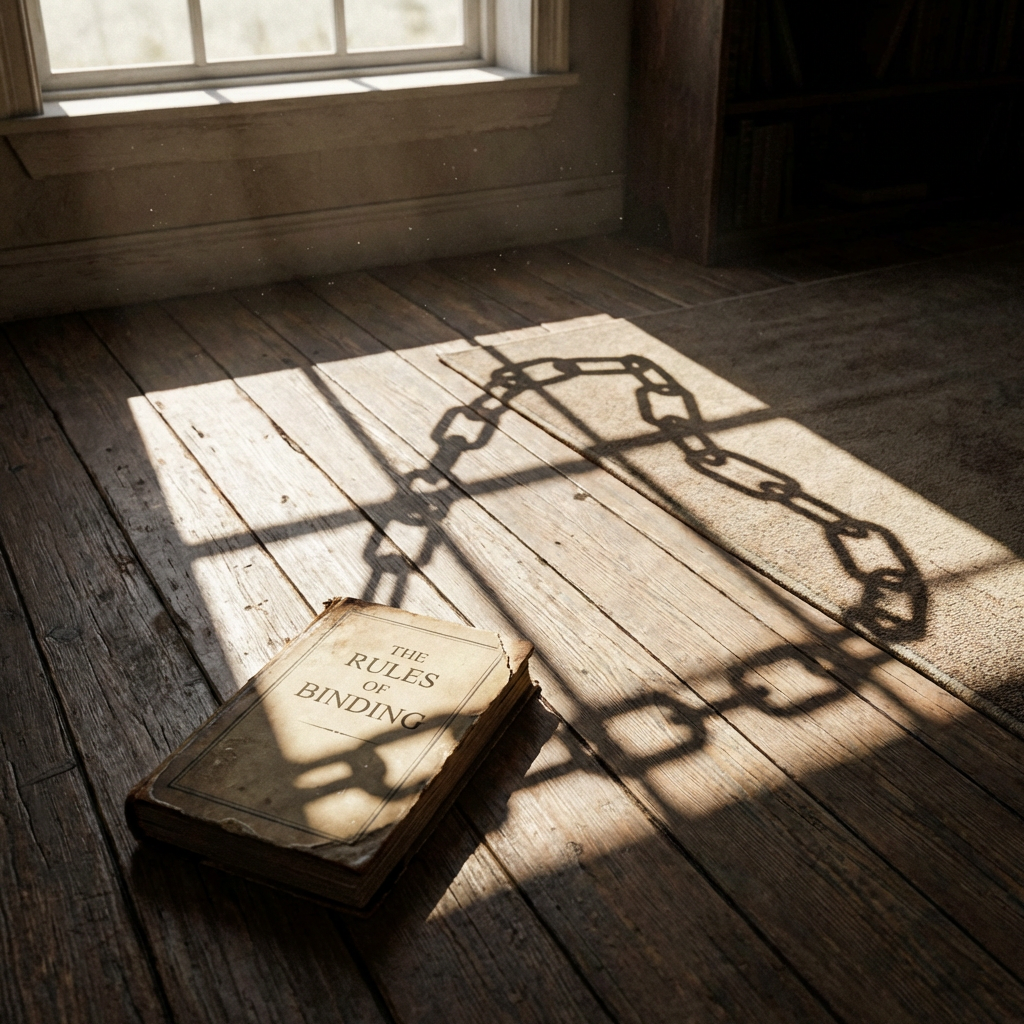 Old book titled "THE RULES OF BINDING" on a wooden floor with a chain shadow.