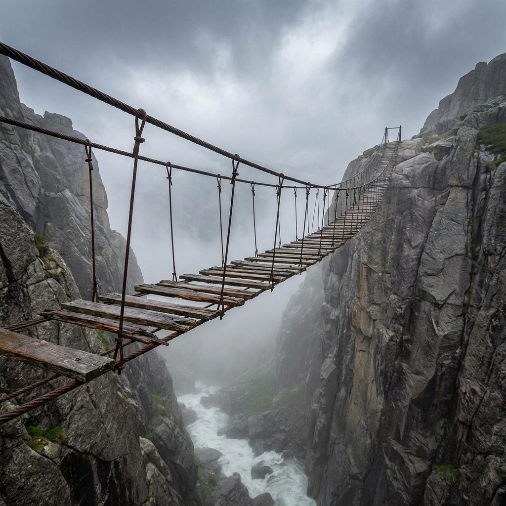 Weathered wooden suspension bridge spanning a deep, misty mountain gorge with a rushing river.
