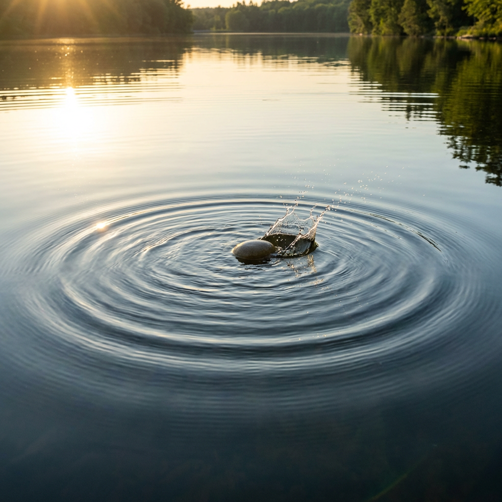 Concentric ripples spread from a stone splashing into a calm lake at sunset.