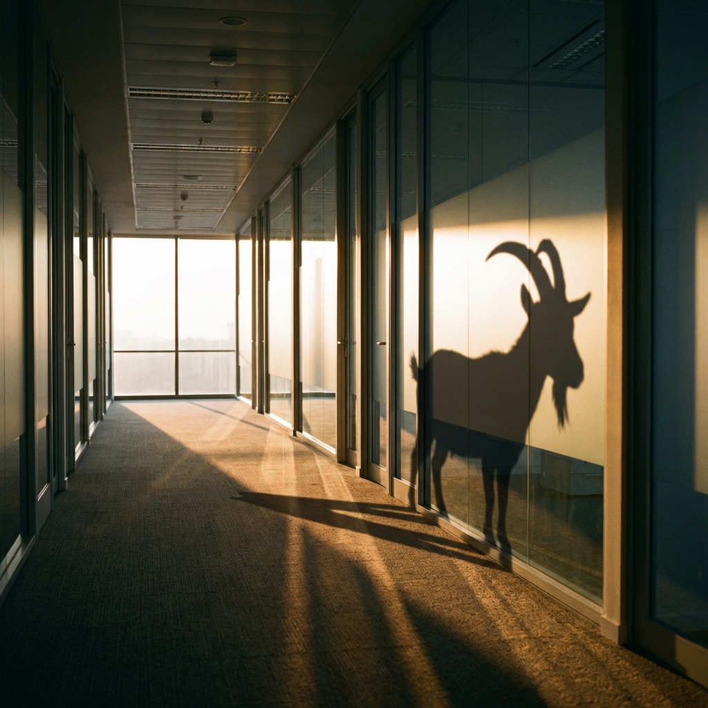 Shadow of a goat cast on glass office partition in a sunlit hallway.