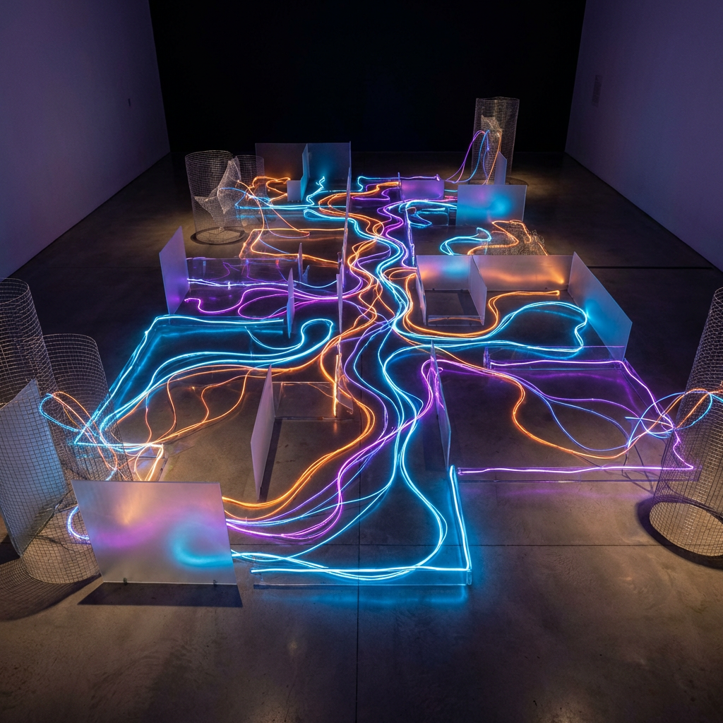 Contemporary art installation featuring winding blue, orange, and purple neon light tubes on a floor.