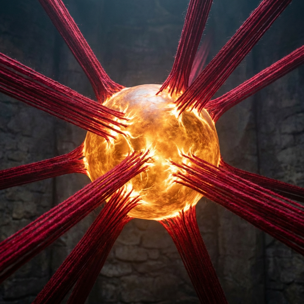 Fiery glowing orb tethered by radiating bundles of red threads in a dark stone room.