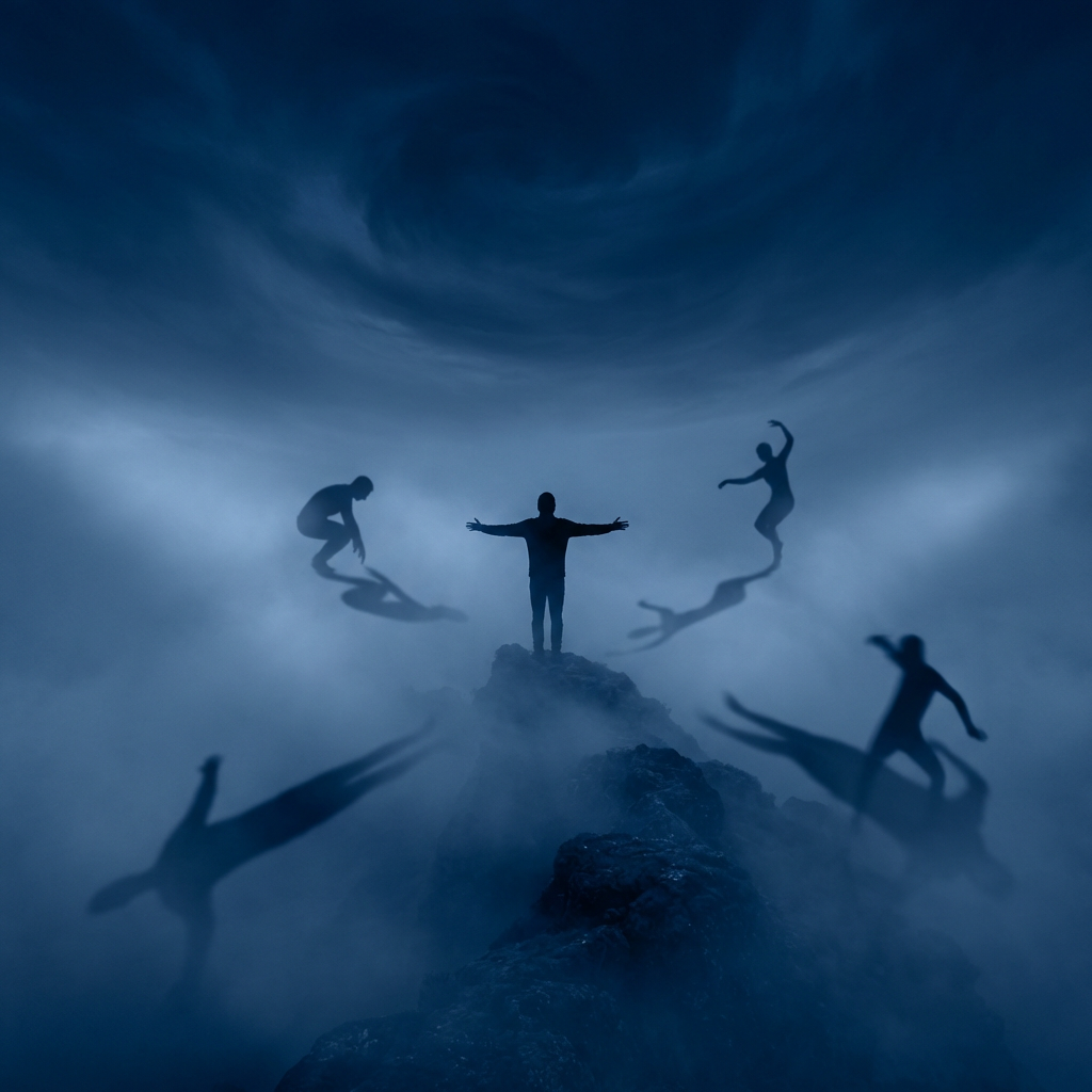 Person on a rocky peak surrounded by floating shadowy figures in a swirling blue sky.
