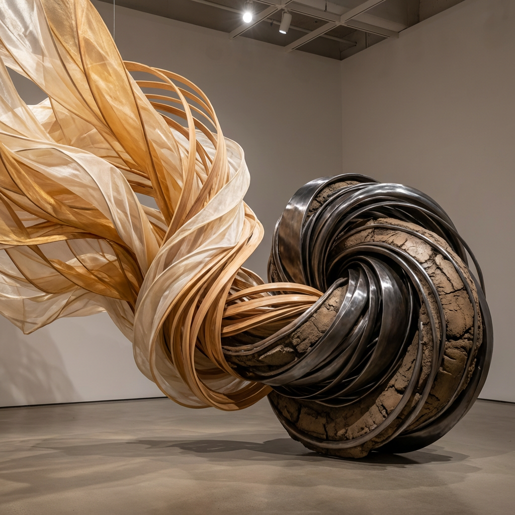 Abstract sculpture featuring dark metallic spirals and flowing gold-toned ribbons in an art gallery.