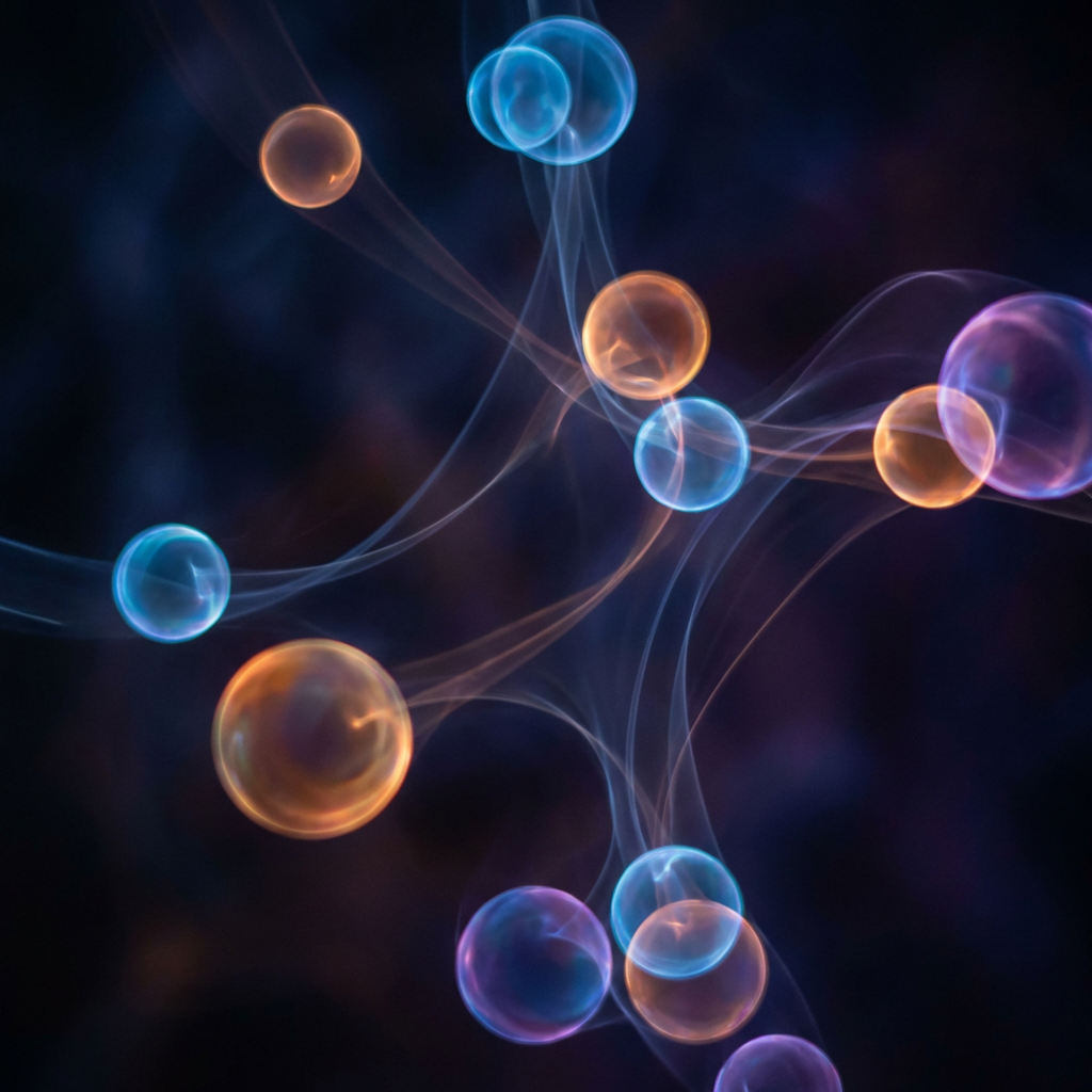 Blue and orange glowing orbs connected by wispy, smoke-like trails on a dark background.