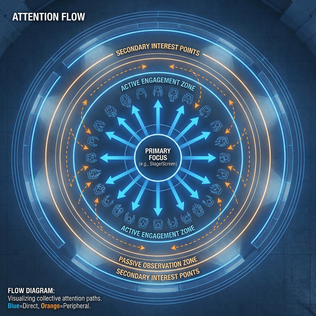 ATTENTION FLOW diagram including Primary Focus, Active Engagement Zone, Passive Observation Zone. Legend: Visualizing collective attention paths. Blue=Direct, Orange=Peripheral.