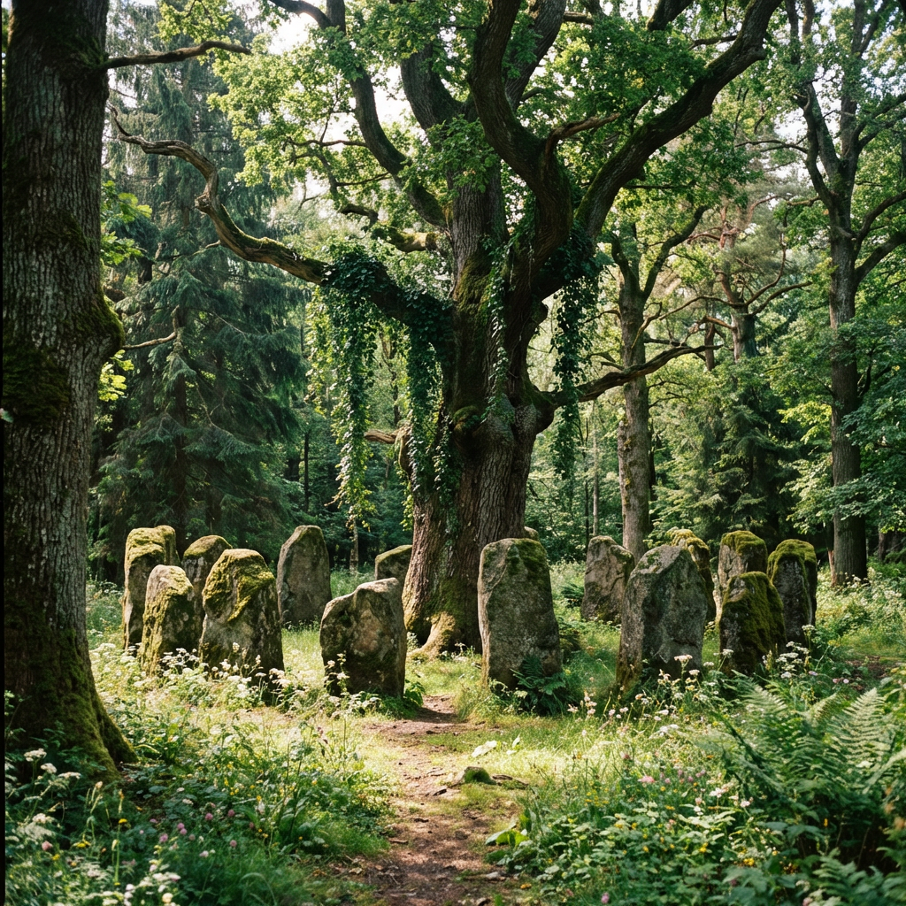 A circle of moss-covered standing stones surrounding a large tree in a forest clearing.