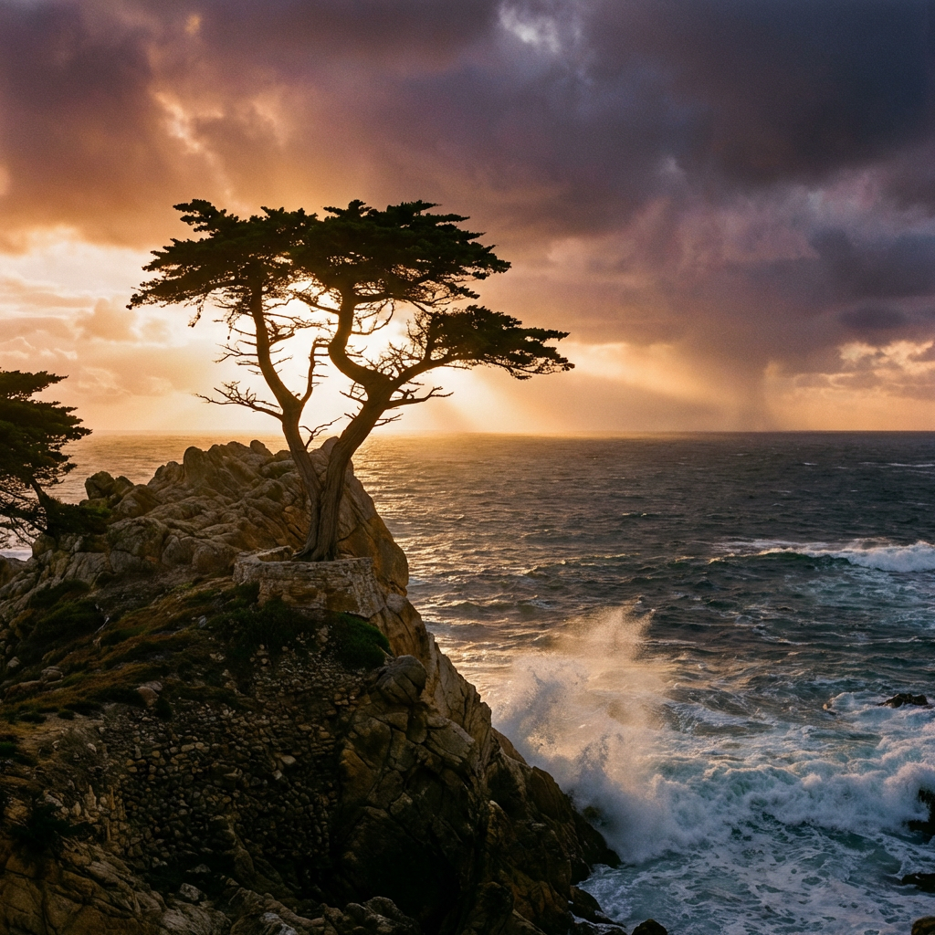 Silhouetted cypress tree on a rocky cliff overlooking crashing ocean waves at sunset.