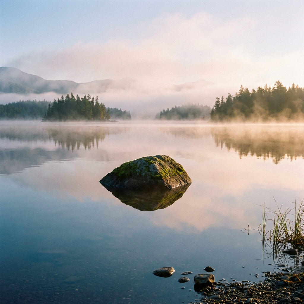 A calm, misty lake with a mossy rock in the foreground and forested islands.
