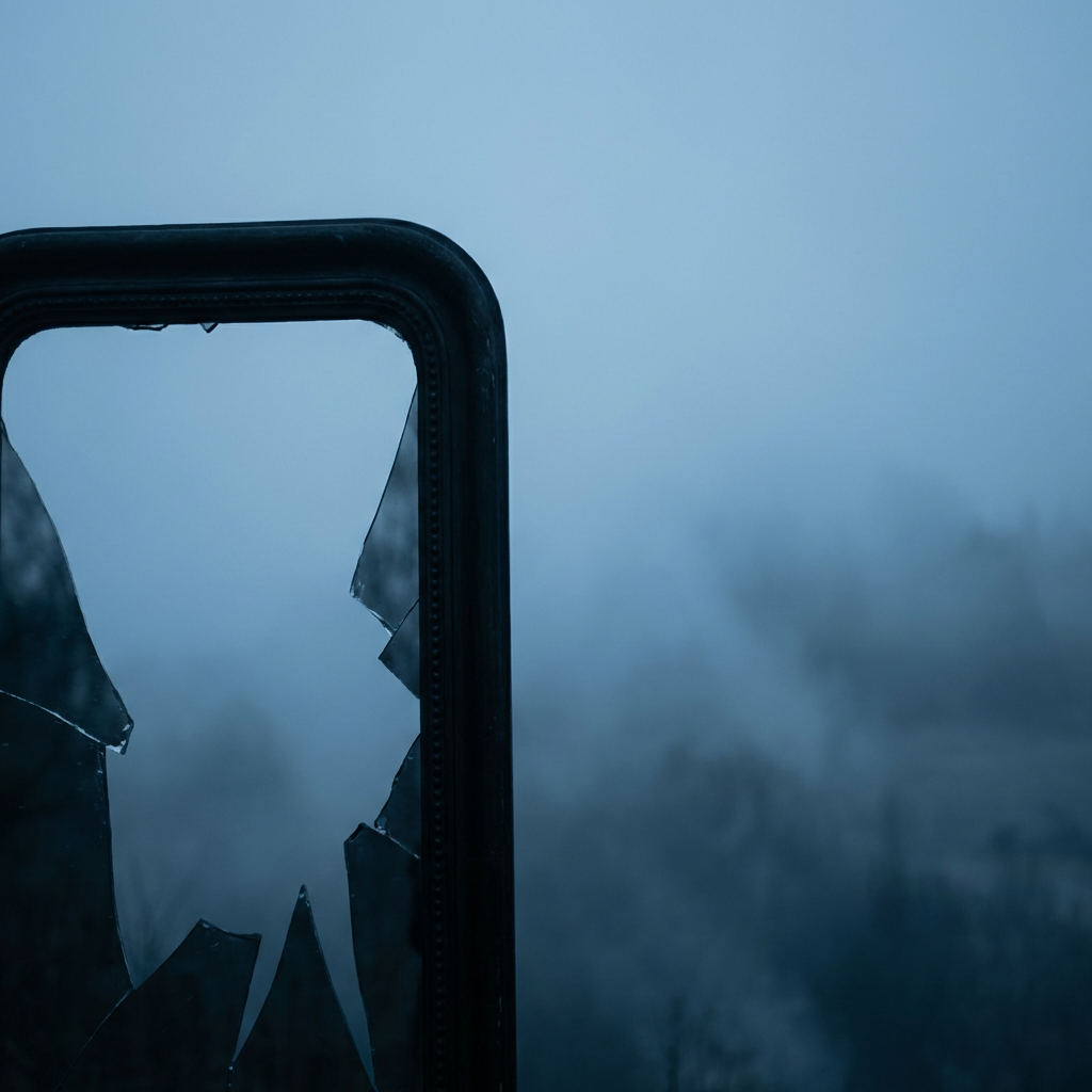 A dark, broken frame with jagged glass shards set against a dense blue fog.
