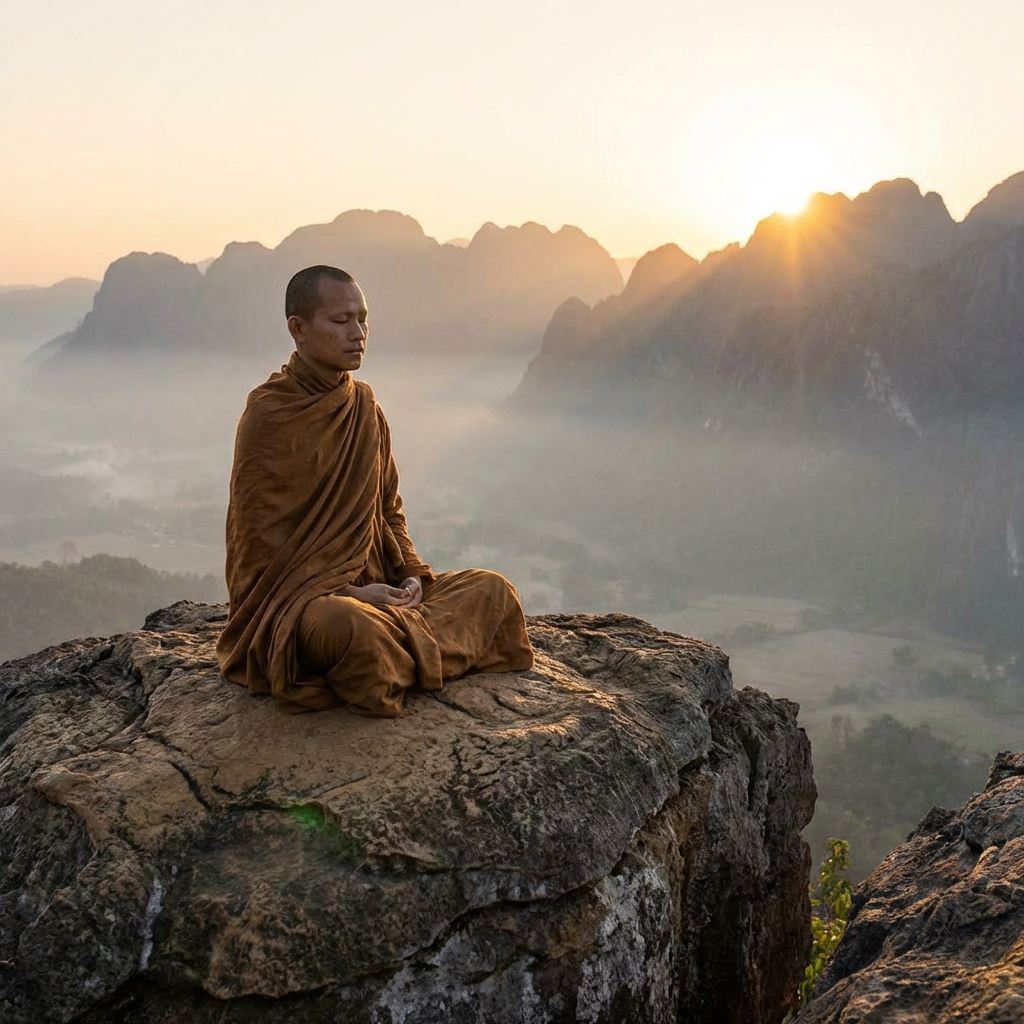 A monk meditating on a high rocky cliff overlooking a misty mountain valley at sunrise.