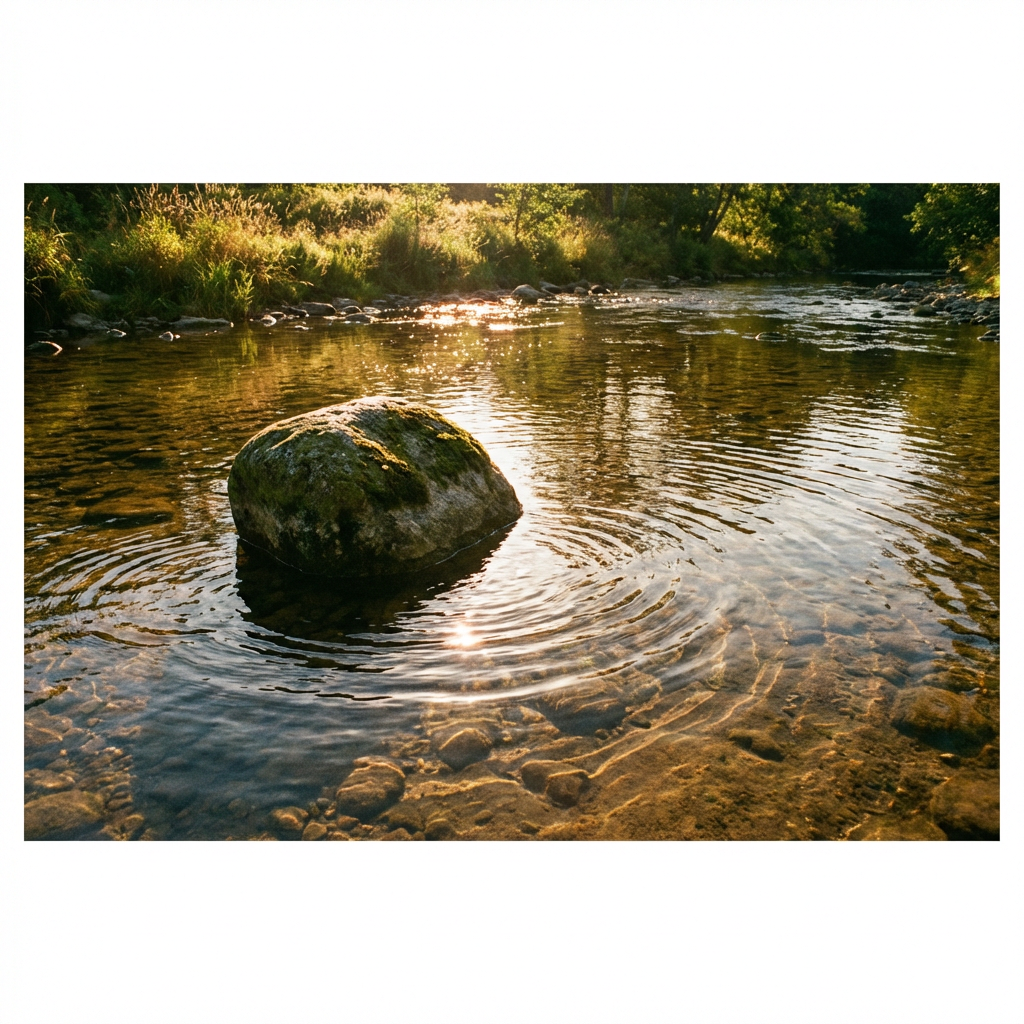 Large moss-covered rock in a shallow river with sunlight reflecting on rippling water.