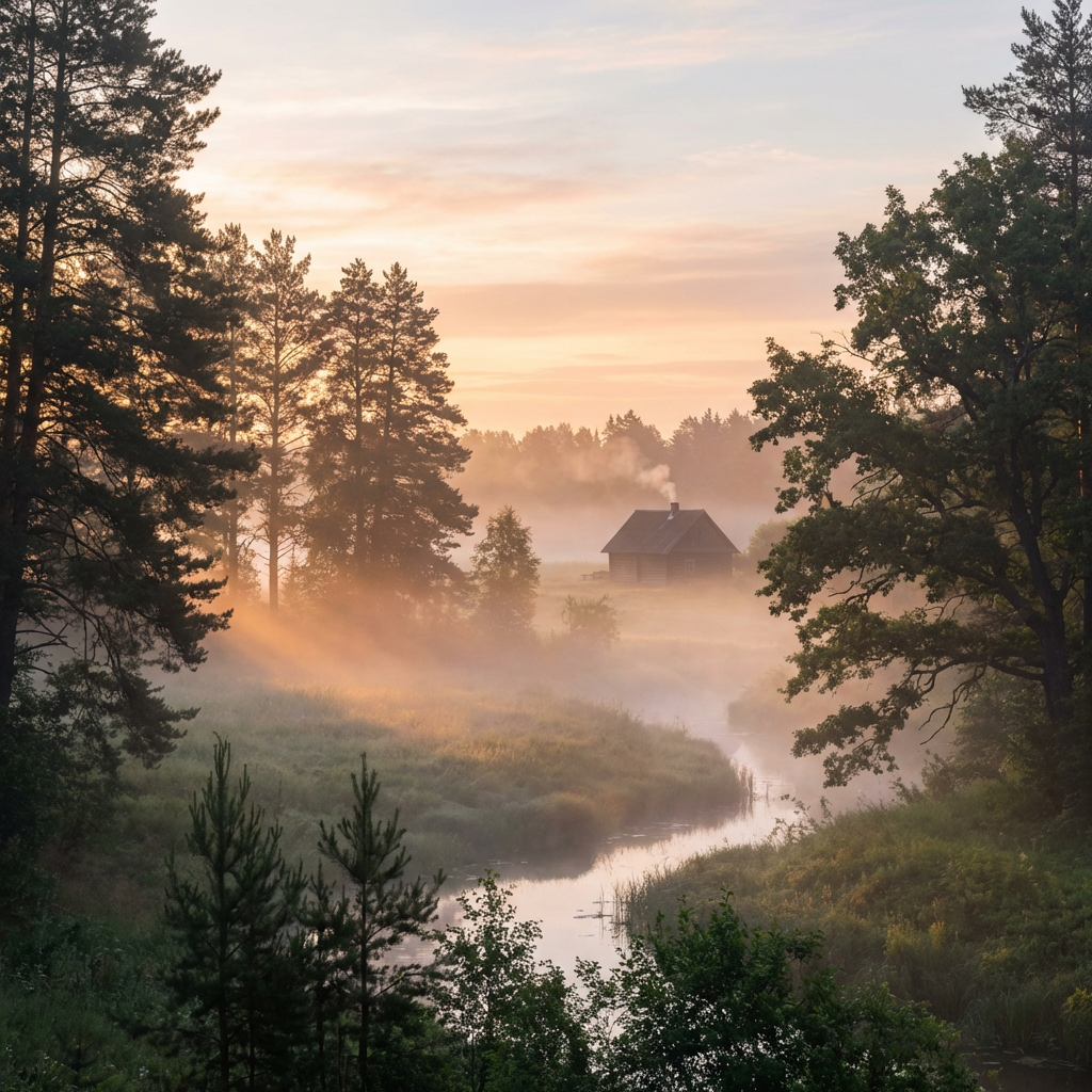 A small cabin by a winding river shrouded in misty golden morning light.