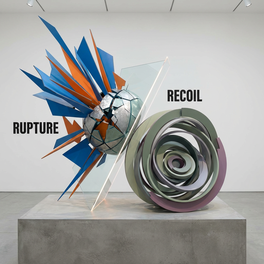 Abstract sculpture featuring text RUPTURE with blue and orange shards and RECOIL with green spirals.