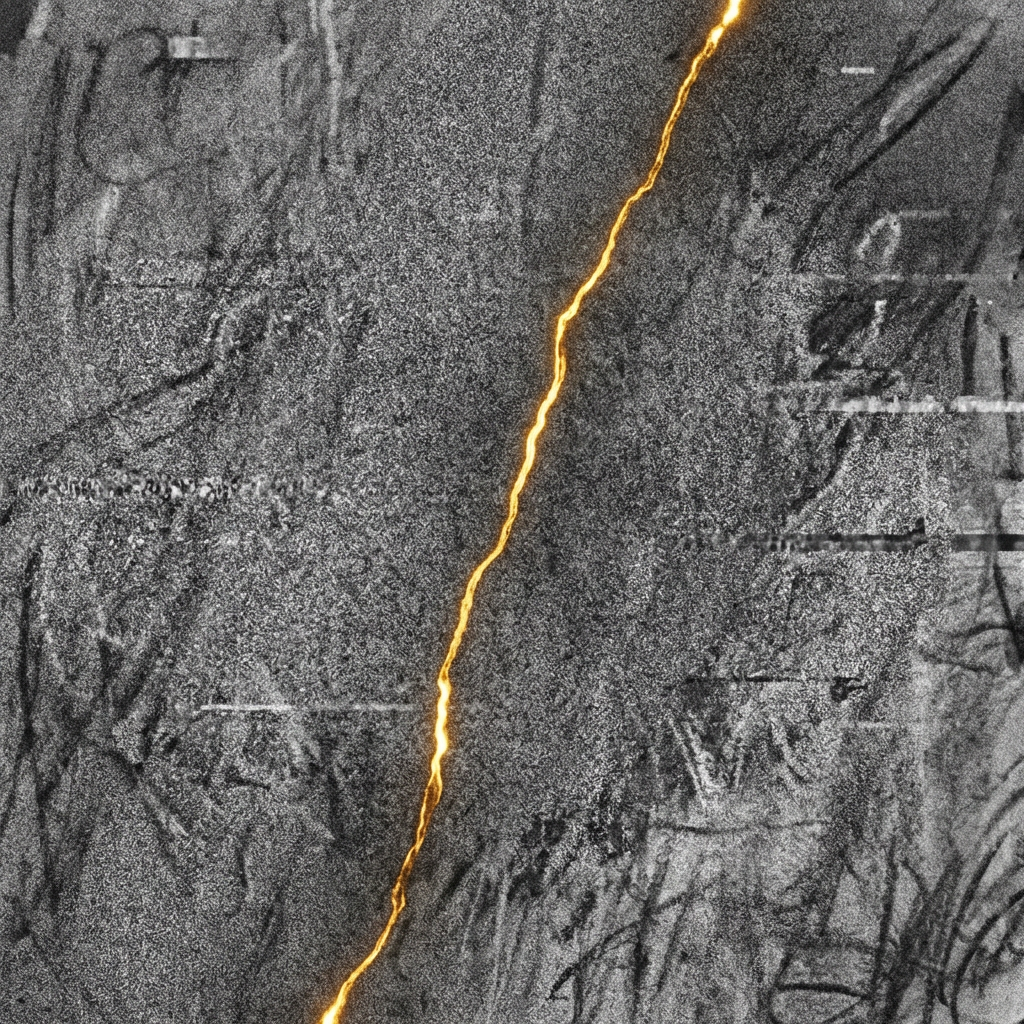 Glowing golden jagged line diagonally crossing a grainy grey background with abstract scribbles.