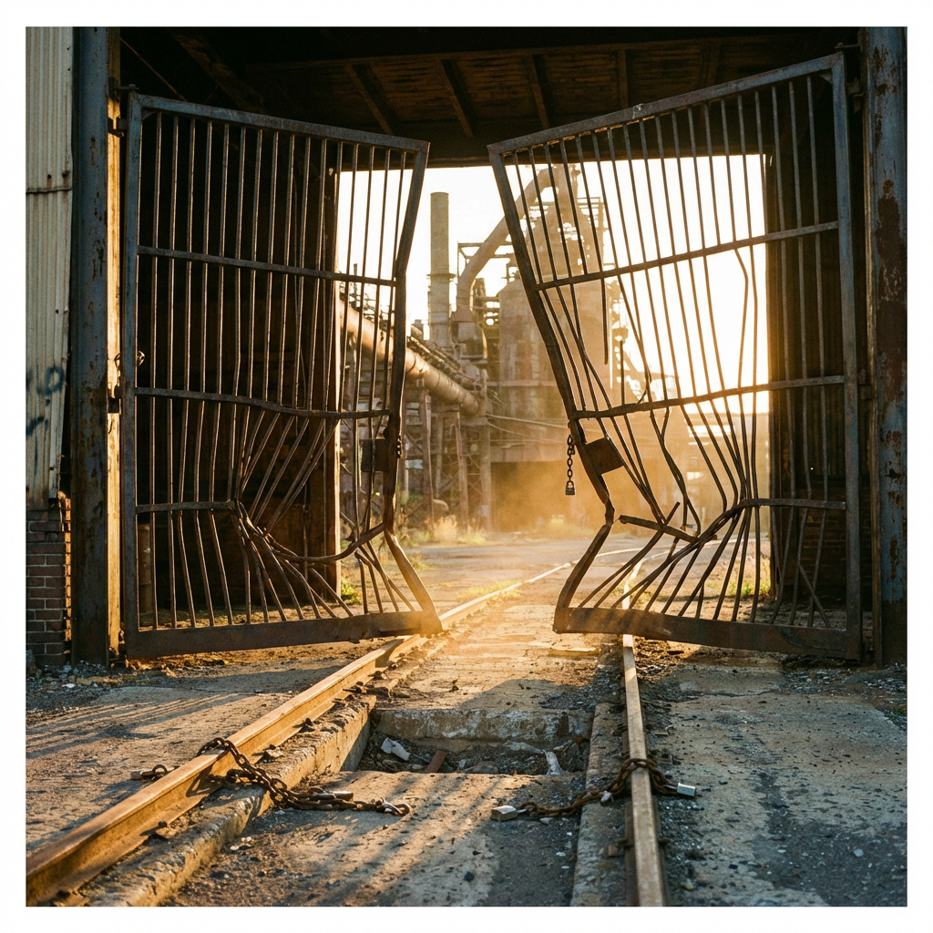Rusted iron gates forced open on train tracks leading to an abandoned factory at sunset.