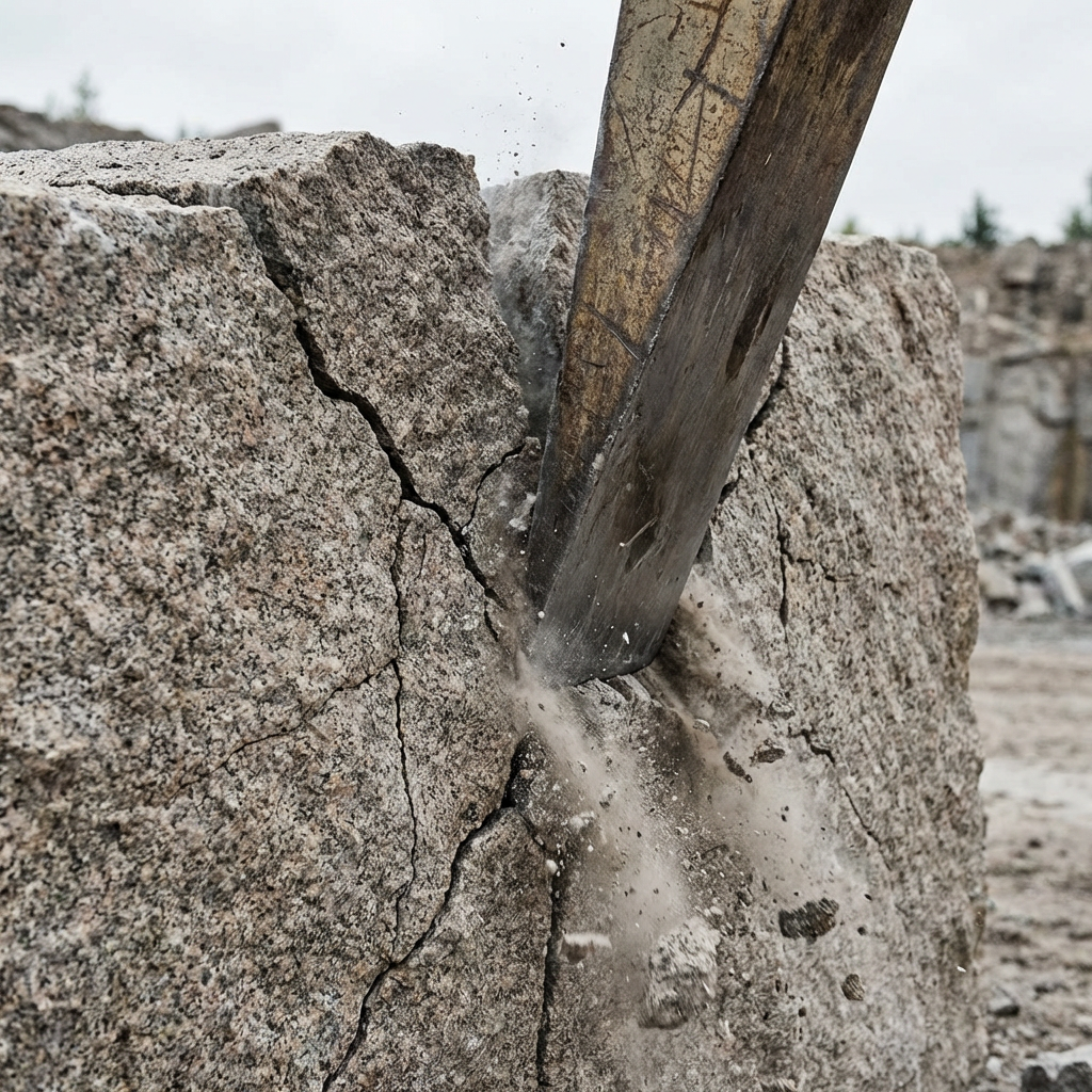 Heavy metal wedge splitting a large granite block in an outdoor quarry.