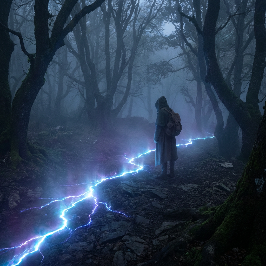 Hooded traveler in a misty forest next to a glowing trail of blue lightning.