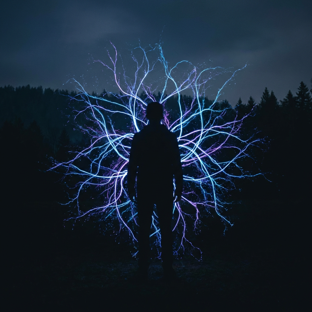 Silhouette of a person with blue and purple light branches radiating from behind them at night.