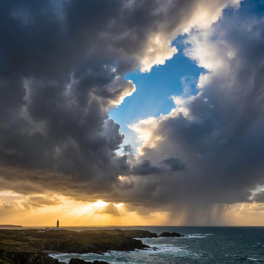 A white lighthouse on a rocky cliff under dramatic storm clouds with sunbeams hitting the ocean.