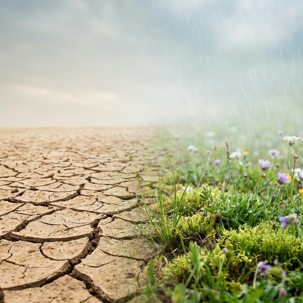 Split image of parched, cracked earth next to a lush green meadow with rain.