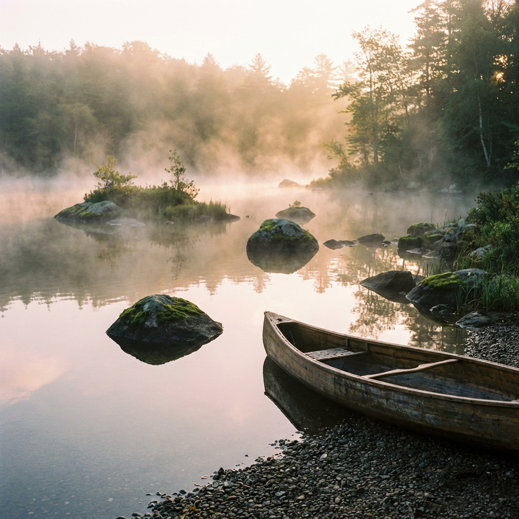 A wooden canoe on a rocky shore beside a misty lake at sunrise.