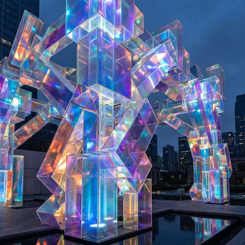 Glowing iridescent geometric block sculpture in an urban plaza at night.