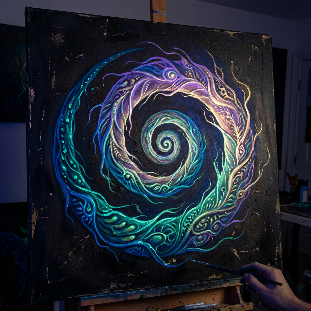 Glowing spiral painting with teal, purple, and gold colors on a black canvas.