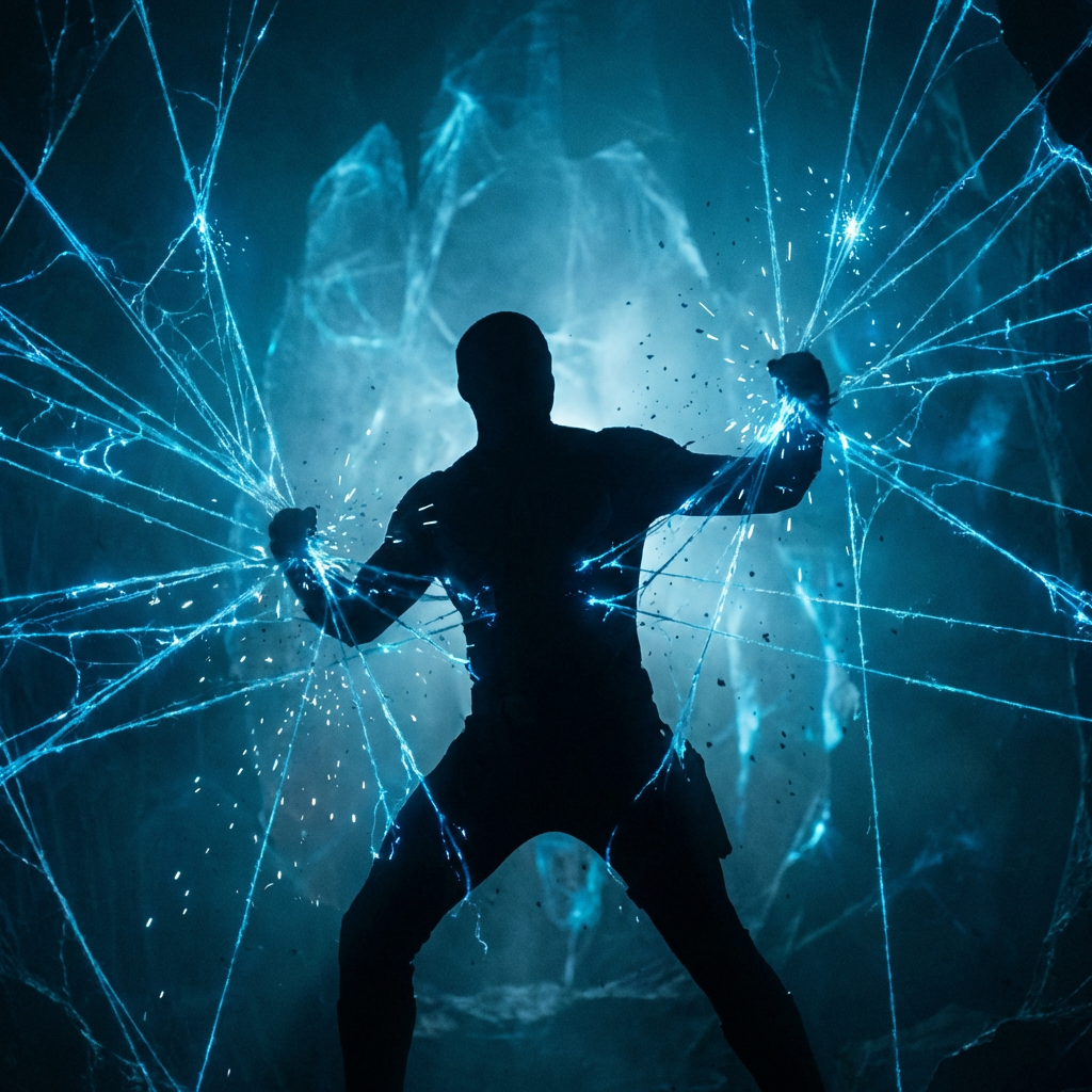 Silhouette of a figure pulling on glowing electric blue webs in a dark cavern.