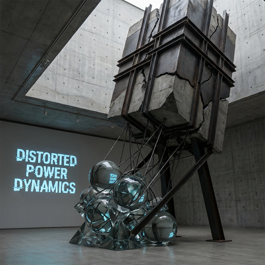 Concrete block sculpture above glass spheres with projected text reading DISTORTED POWER DYNAMICS.