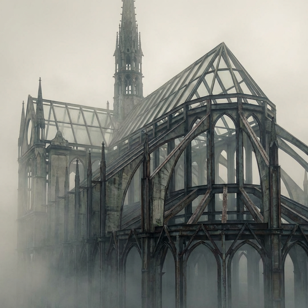 Metal skeletal framework of a gothic cathedral shrouded in dense, swirling white mist.