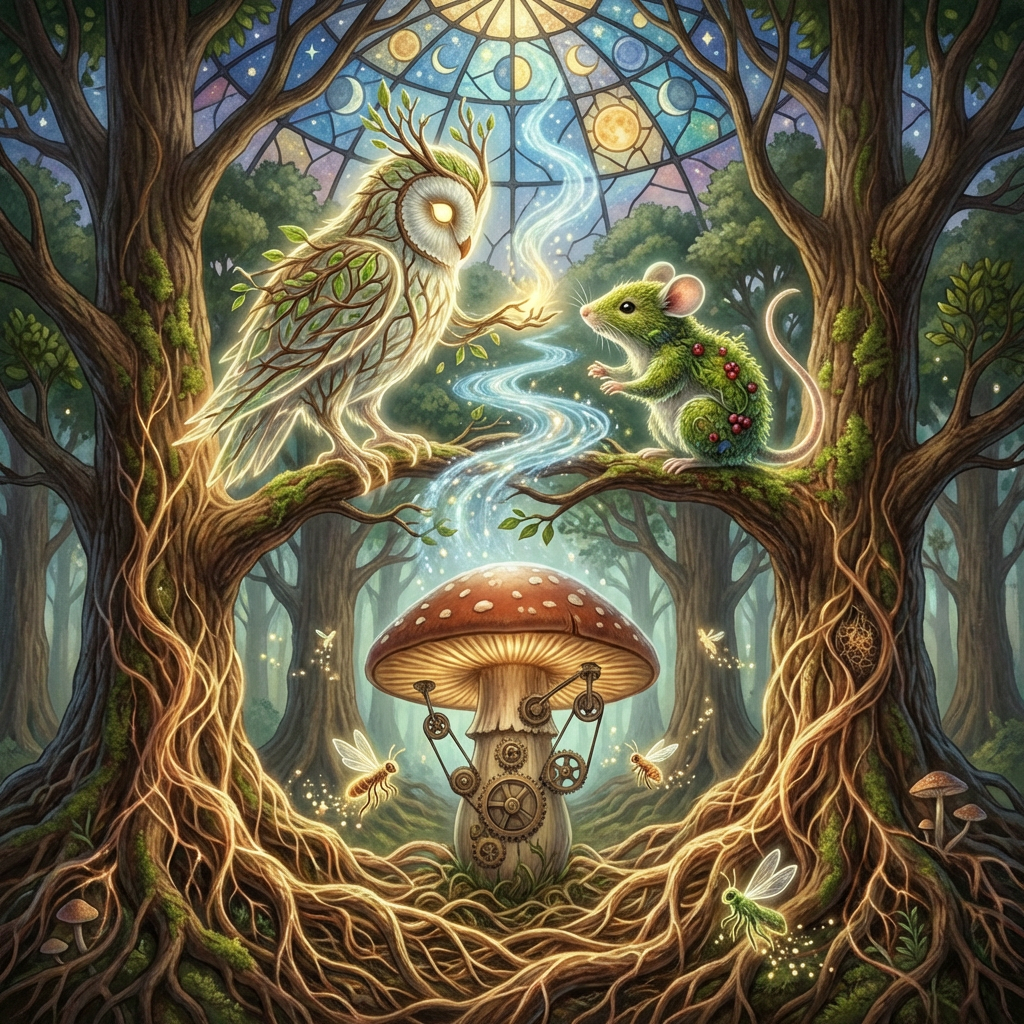 Magical owl and green mouse interacting above a clockwork mushroom in an enchanted forest.