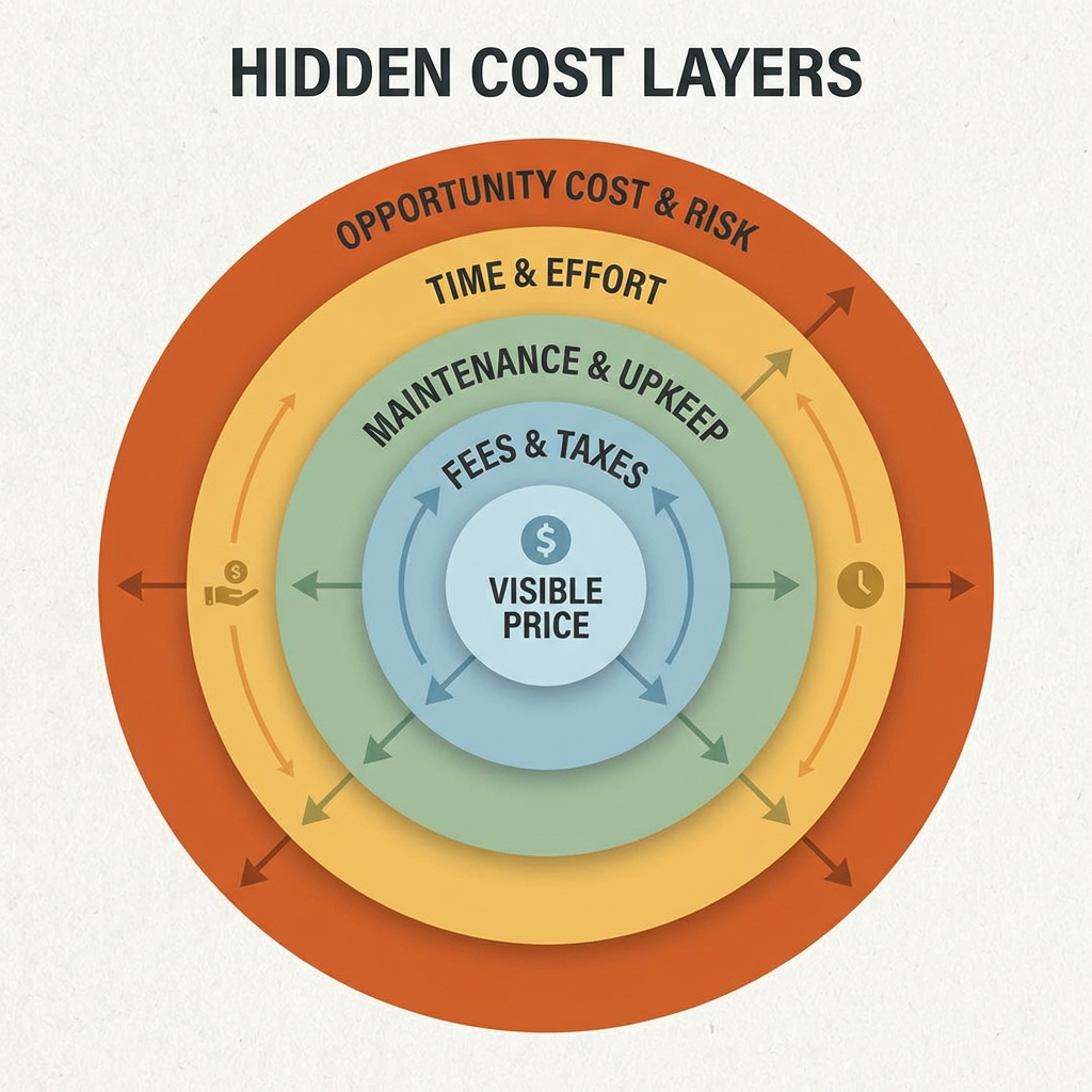 Diagram showing concentric cost layers: Visible Price, Fees & Taxes, Maintenance, Time, and Opportunity Cost.