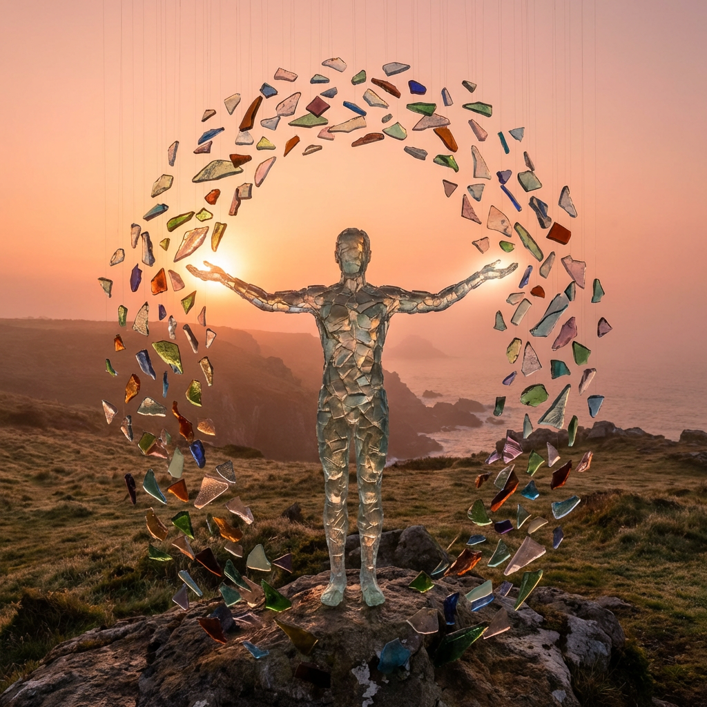 Glass human sculpture surrounded by suspended colorful shards on a rocky cliff at sunset.