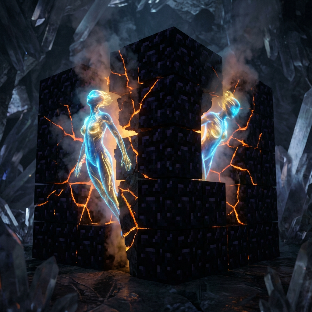 Two glowing humanoid figures emerge from a cracked, dark blocky cube in a cavern.