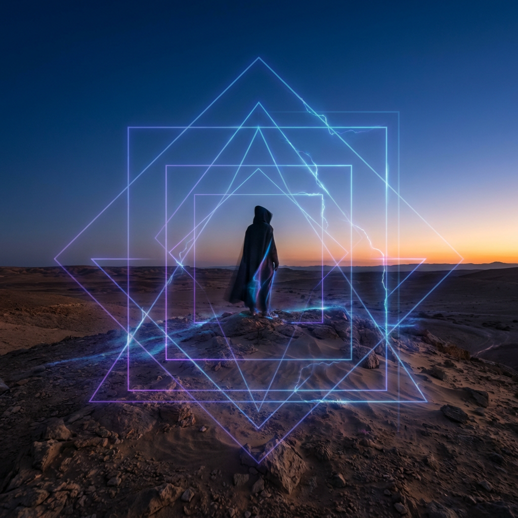 Cloaked figure in a desert at sunset within glowing neon geometric patterns.