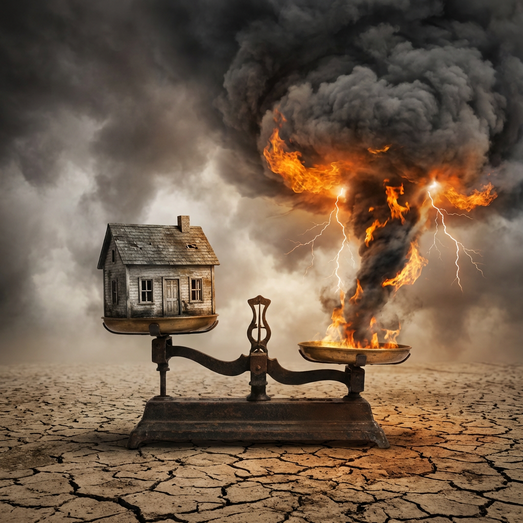 A balance scale holding a small house against a fiery tornado under a stormy sky.