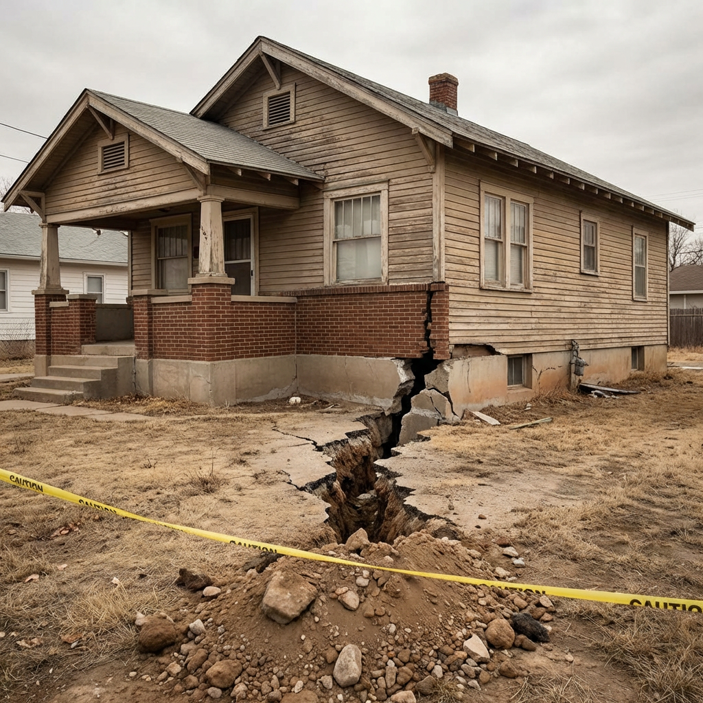Large structural crack through a house foundation and yard cordoned off with yellow CAUTION tape.
