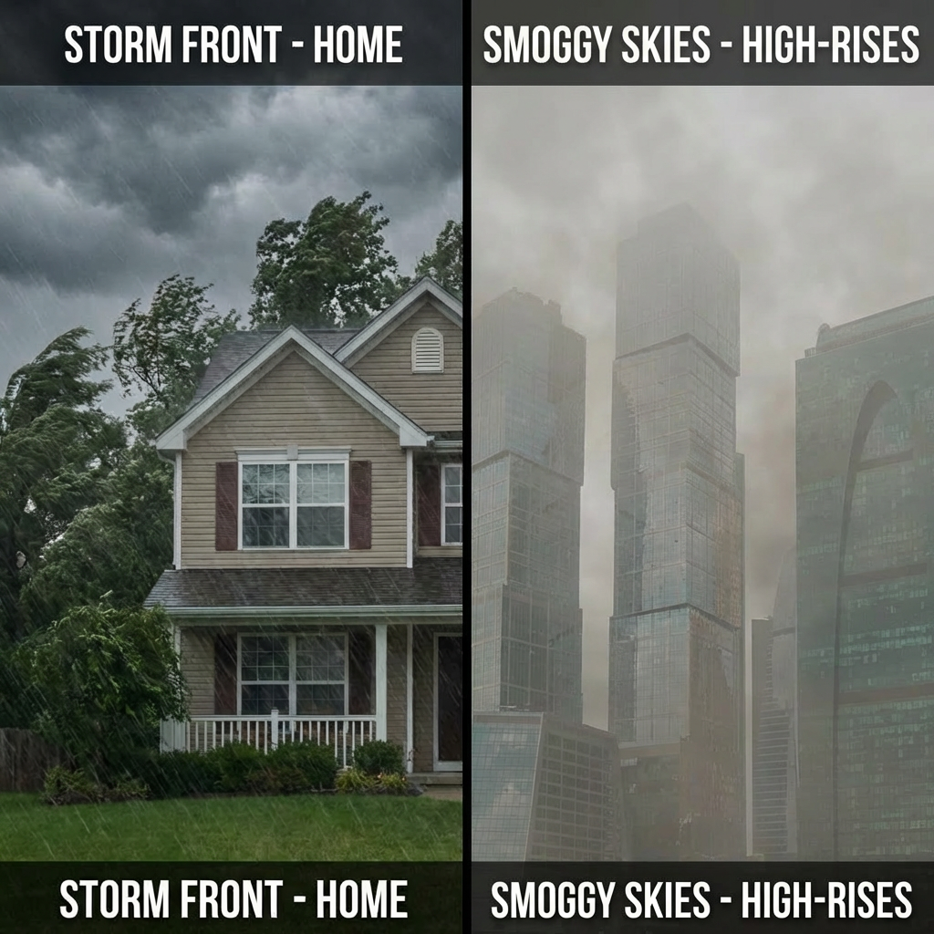 Split view: STORM FRONT HOME rainy house versus CLEAR SKIES HIGH-RISES sunny skyscrapers.