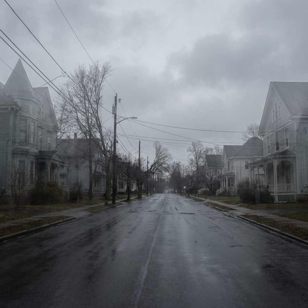 A wet, empty residential street lined with older houses under a foggy, grey sky.