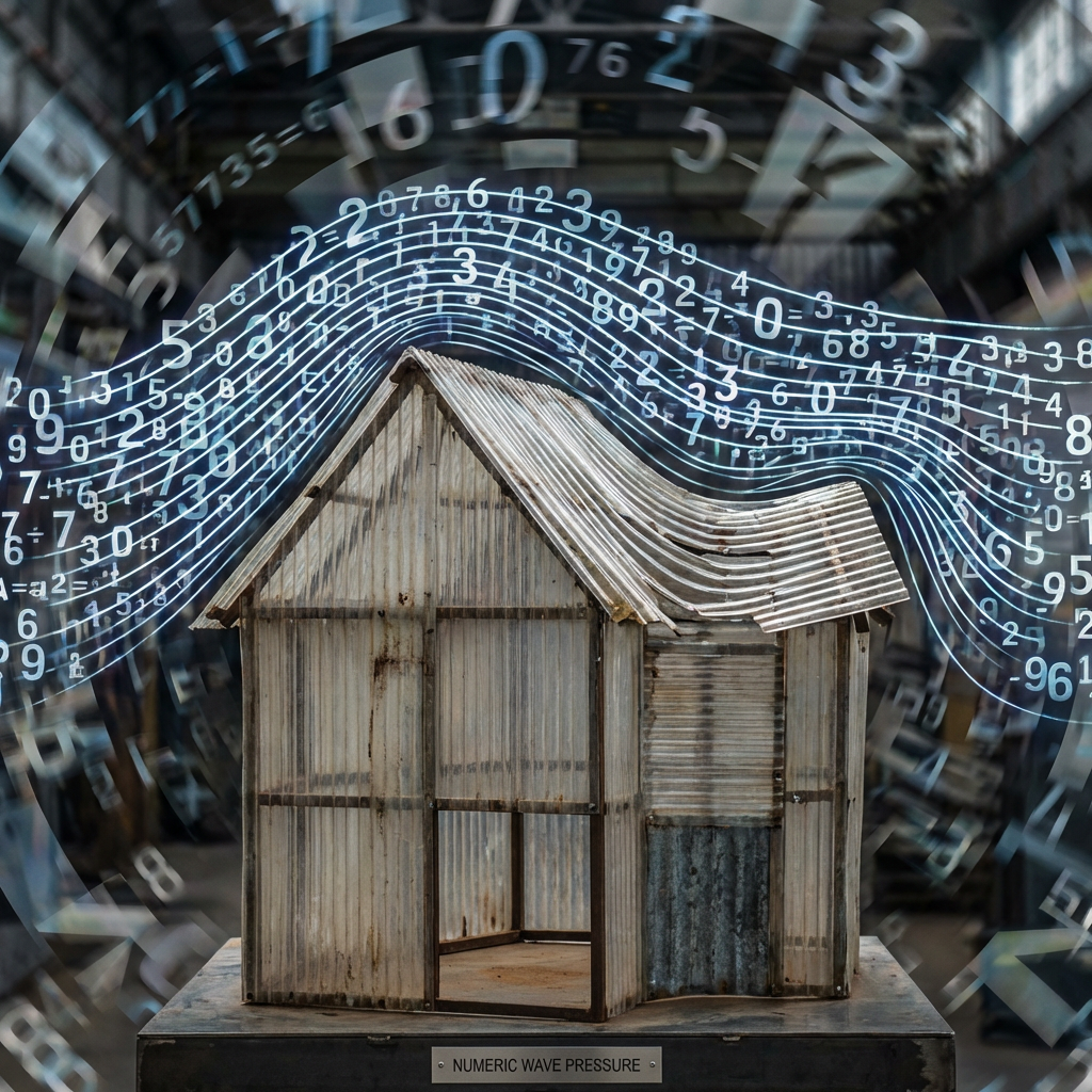 Miniature corrugated house being crushed by a glowing blue wave of numbers.