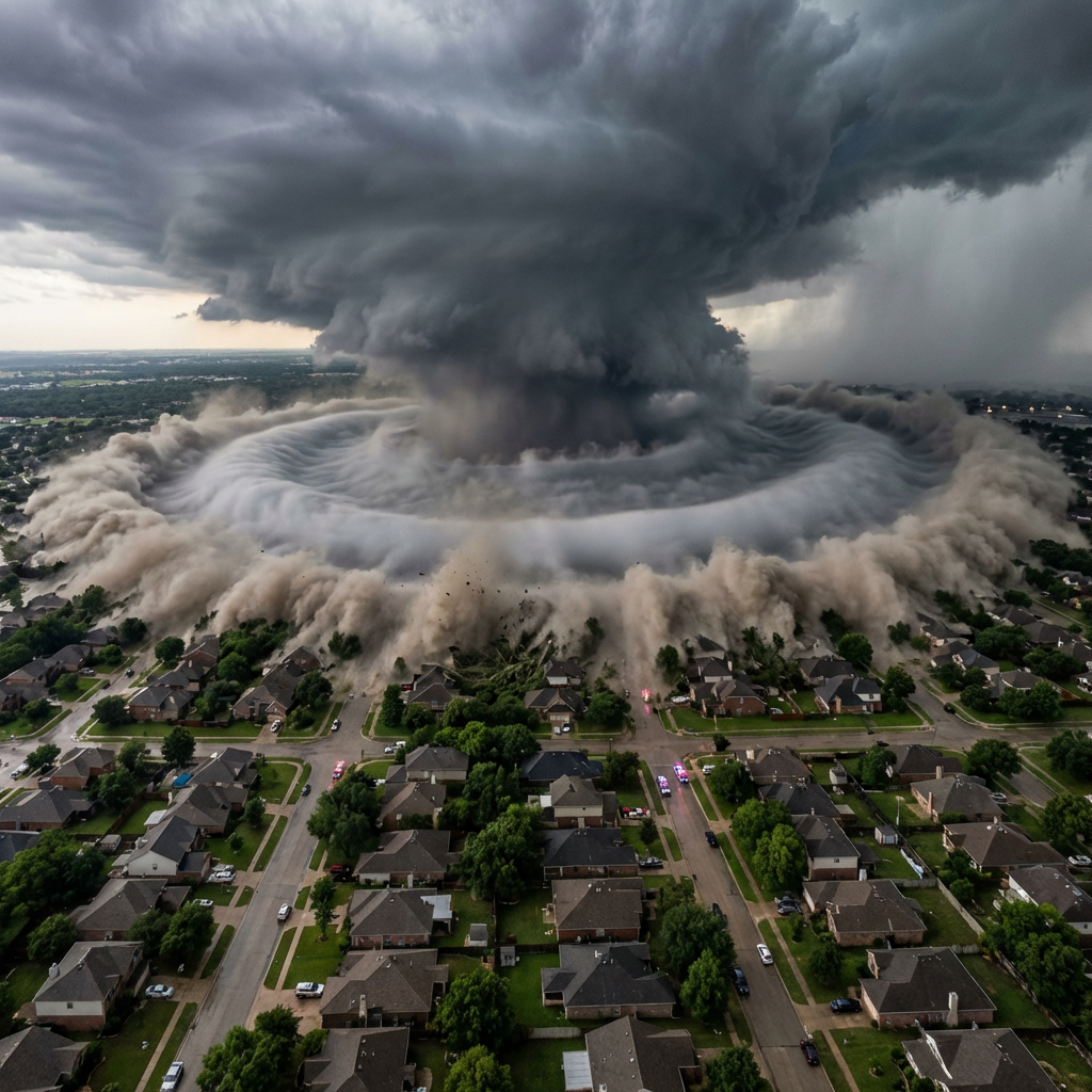 Aerial view of a massive circular storm cloud engulfing a suburban residential neighborhood.