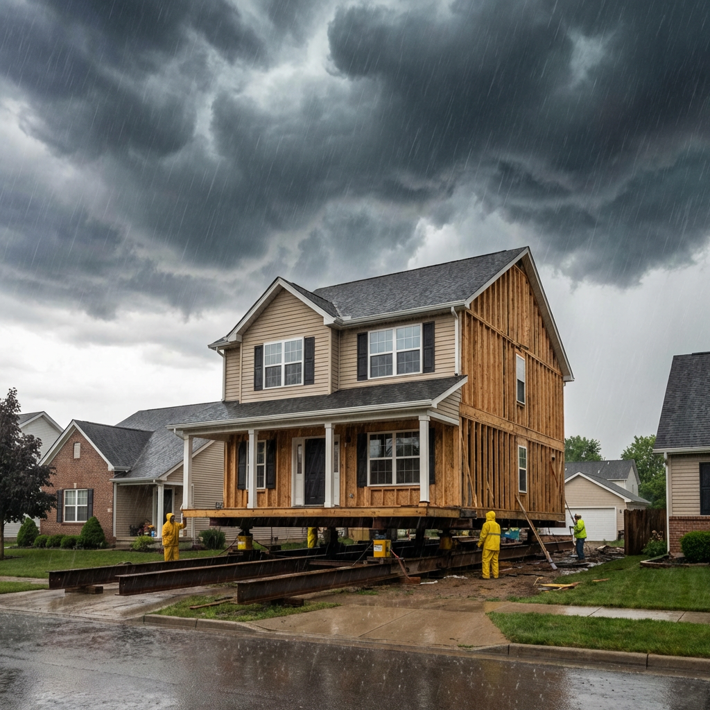 A two-story house being moved on steel beams during a heavy rainstorm.