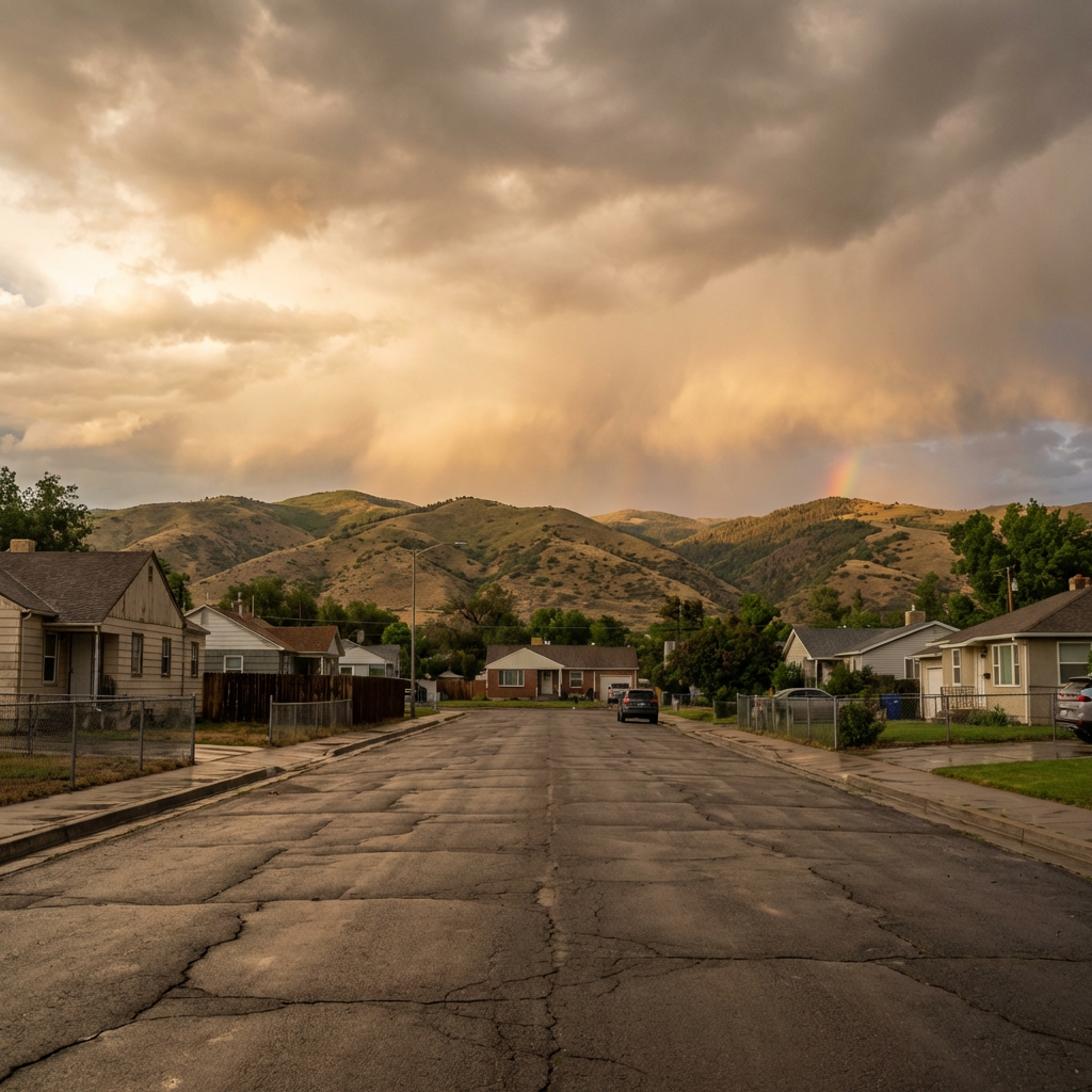 Suburban street under dramatic storm clouds with a faint rainbow and golden light.