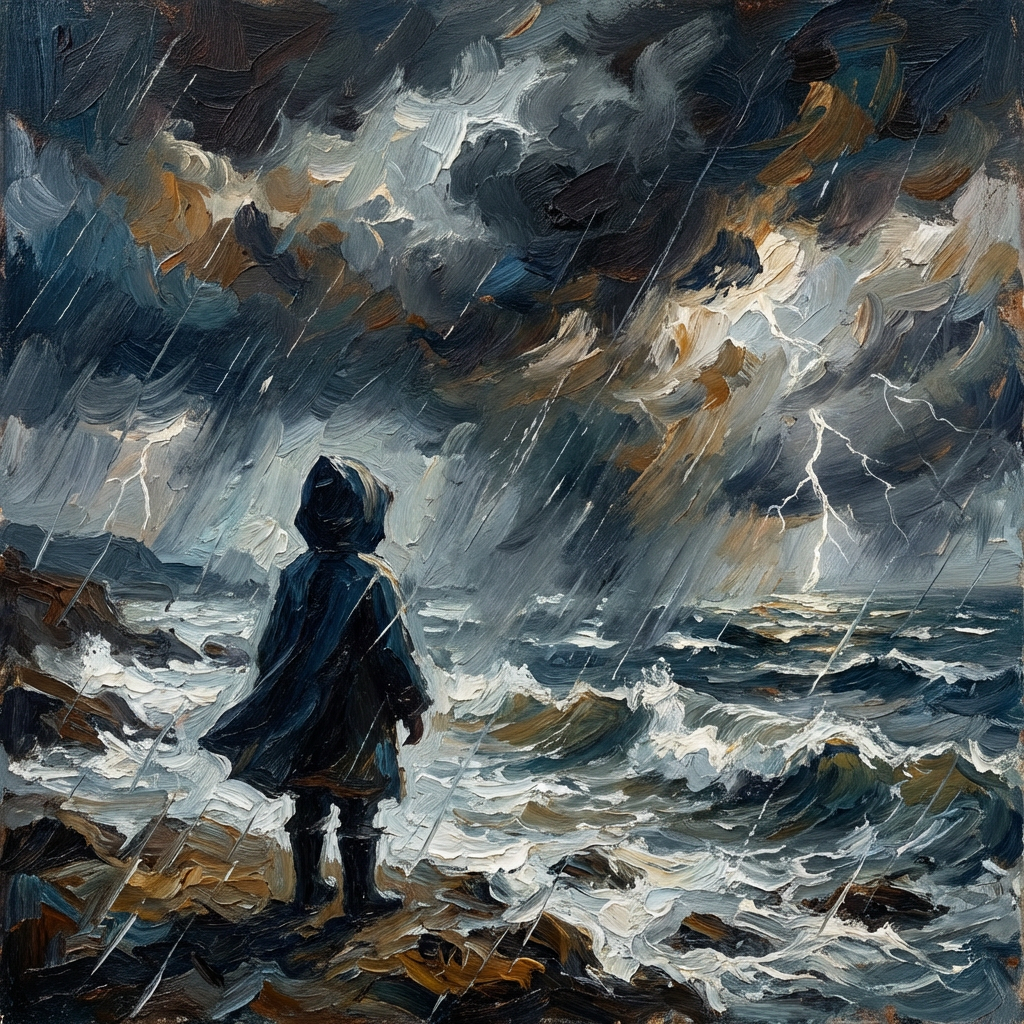 Impressionist oil painting of a hooded figure watching a stormy sea with lightning and rain.