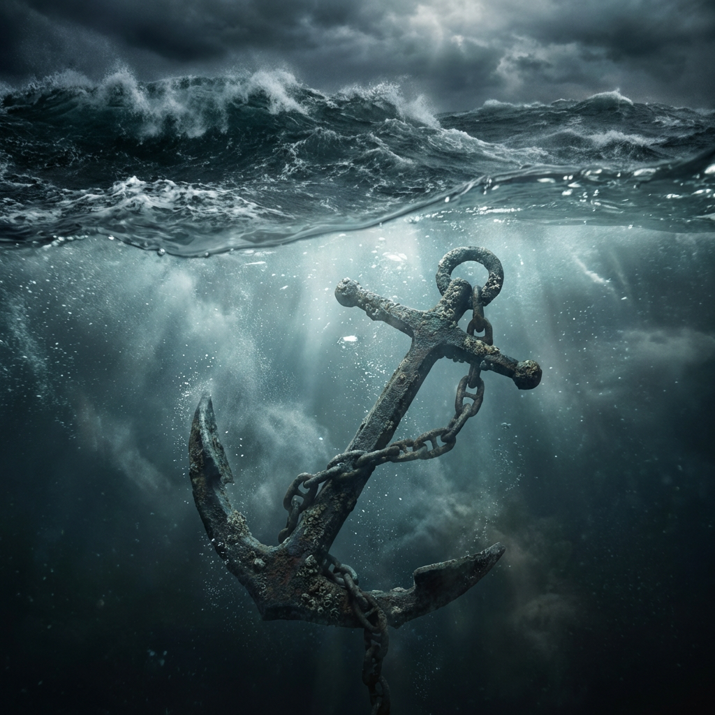 A rusted anchor submerged in dark water beneath crashing waves and a stormy sky.