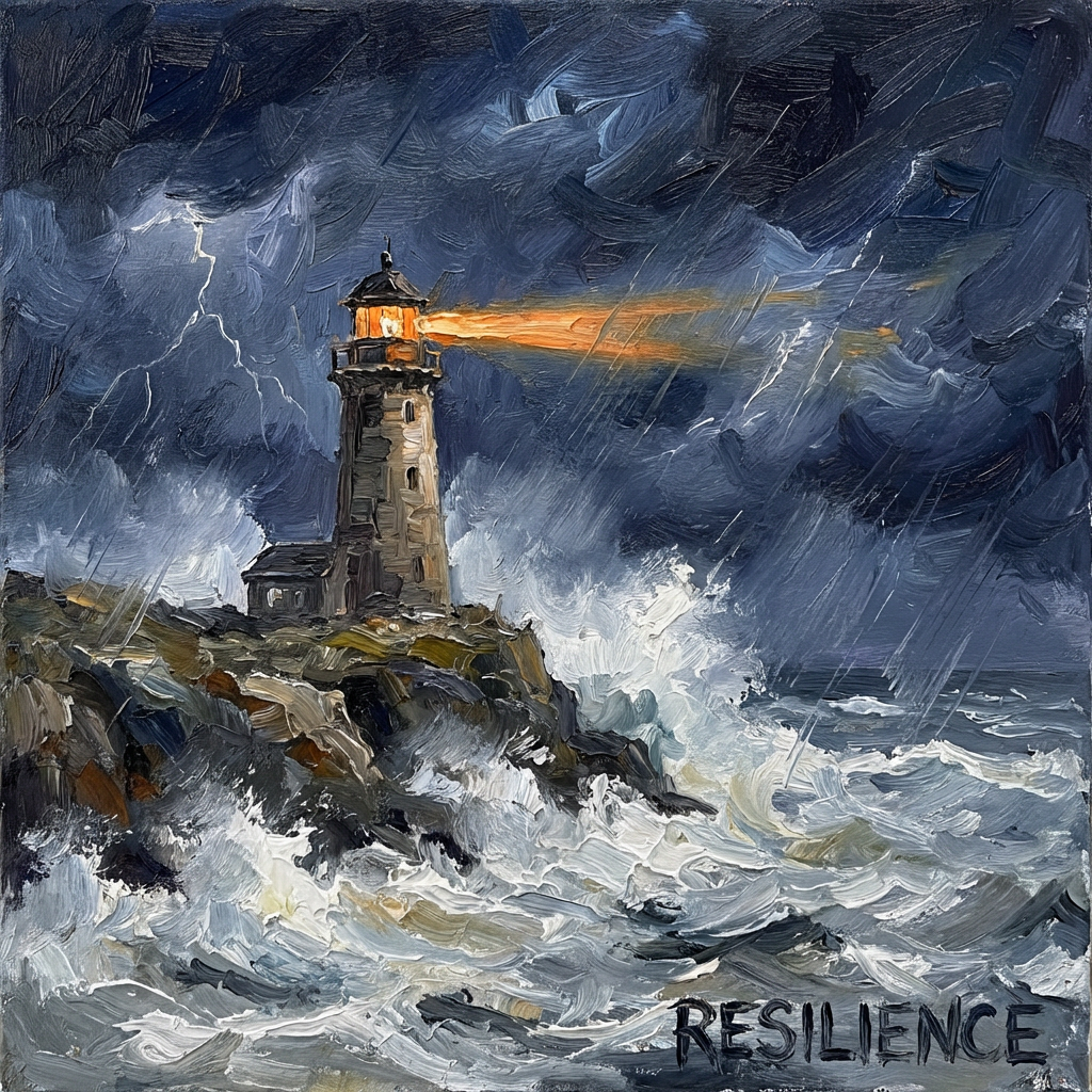Oil painting of a lighthouse during a storm with the text RESILIENCE.