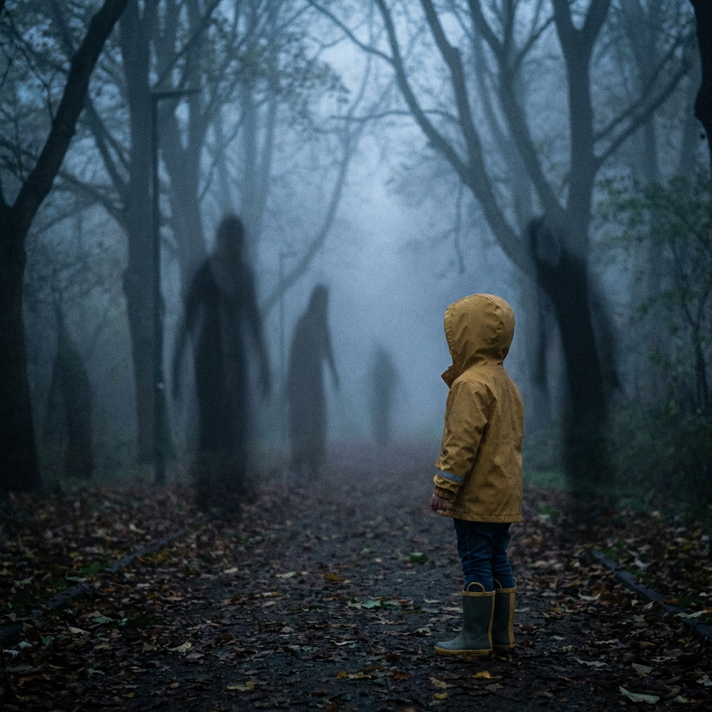 A child in a yellow raincoat facing tall shadowy figures in a foggy forest.