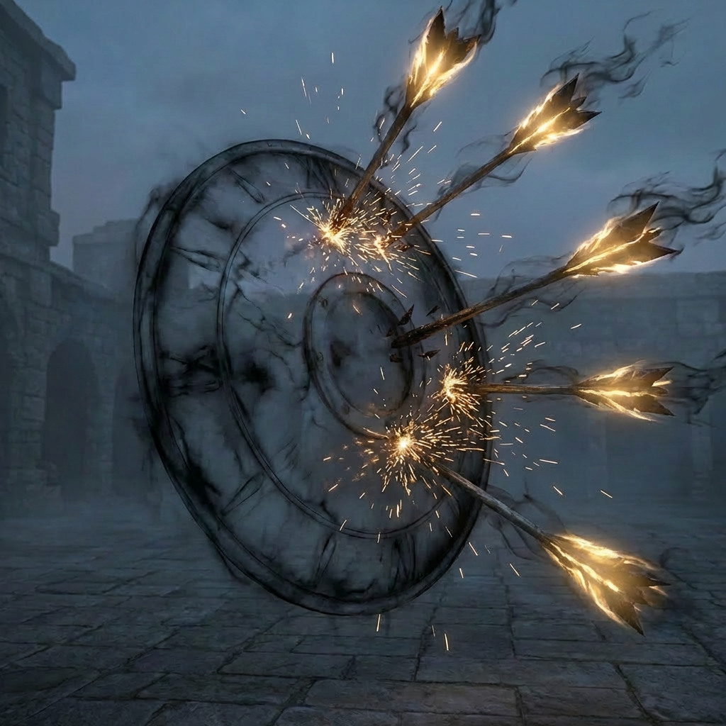 A glowing blue magical shield blocking several dark, smoking arrows in a stone ruin.